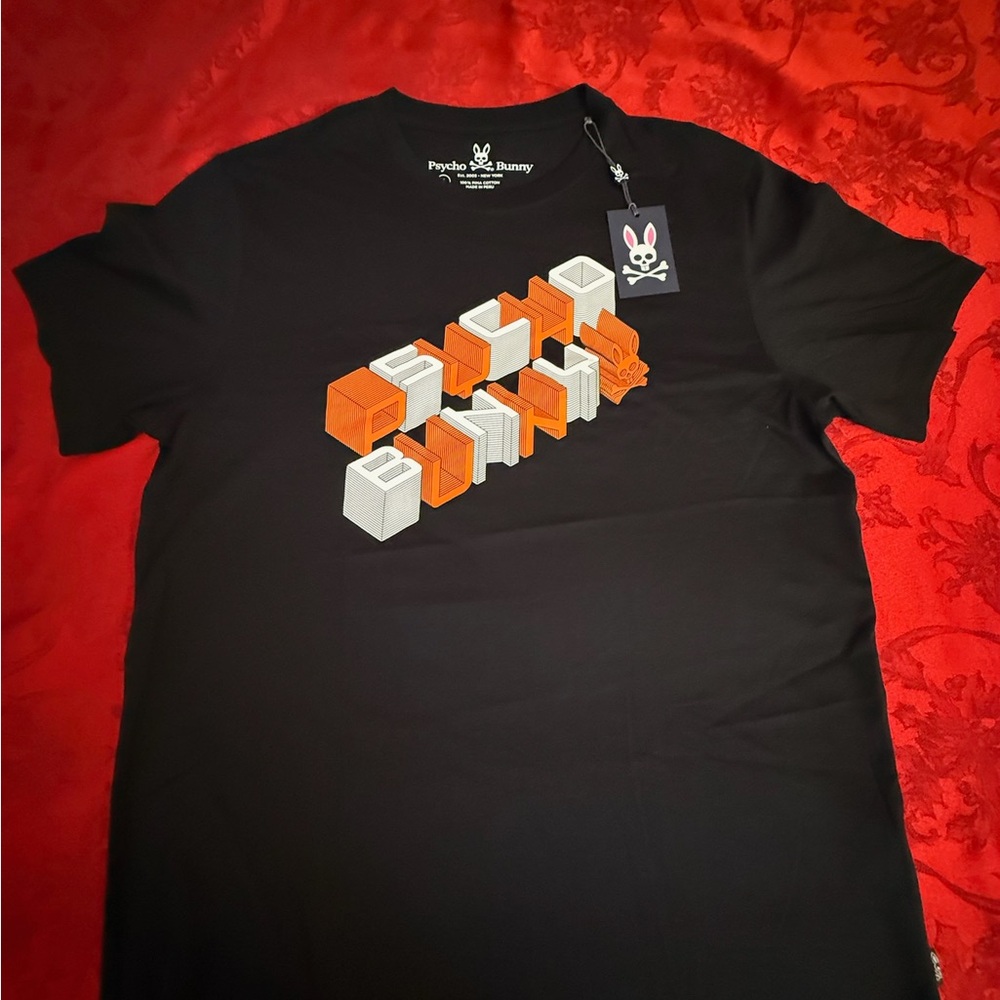 Psycho Bunny Black Tee with Orange & White 3D Block Graphic